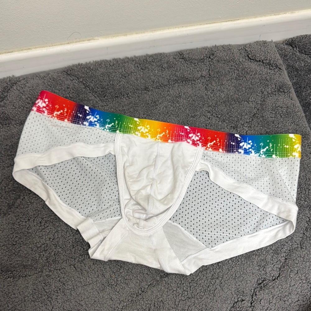 Men’s White (used)Mesh Briefs with Rainbow Waistband Asian large USA M